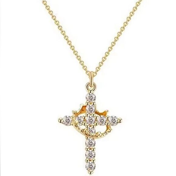 Rotating Crown Cross Pendant Necklace - Stainless Steel Chain In Gold - Picture 2 of 4